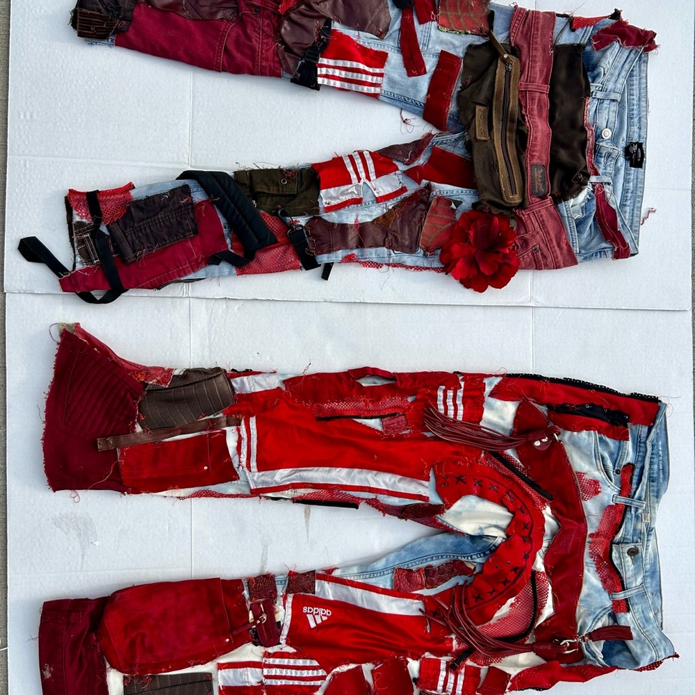 “Red Racers“ - 2 Custom Made Luxury Jeans w/ Multiple Patchwork Fabrics